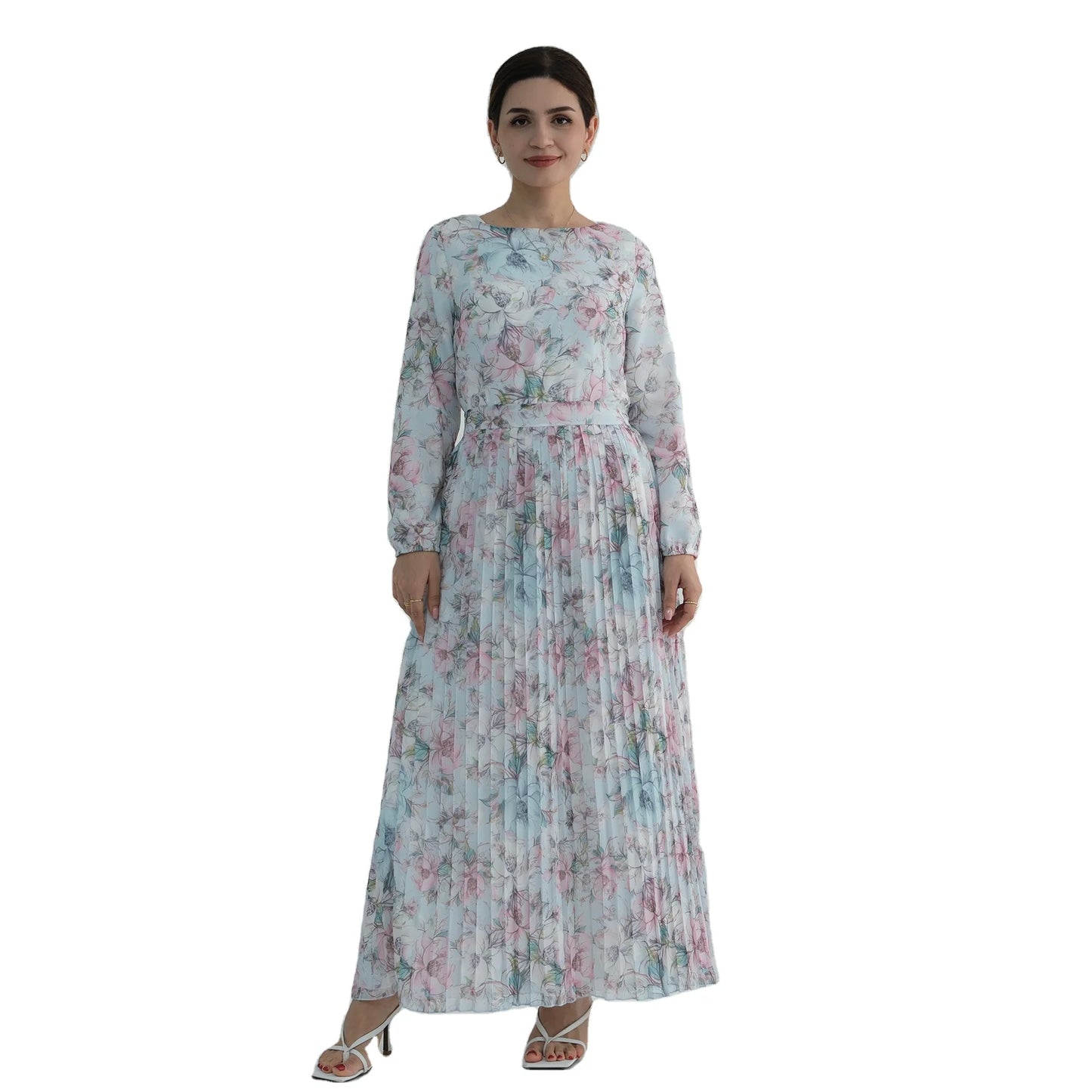 Dubai UAE American Fashion Clothing Digital Printing Flower Pleated Modest Muslim Chiffon Fabric Long Dress