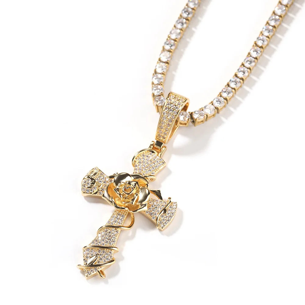 Retro 18K Gold Plated Brass Hip Hop Luxury Accessories Trendy Rose Cross Pendant Zircon Children's Sweater Chain Pendant Gift