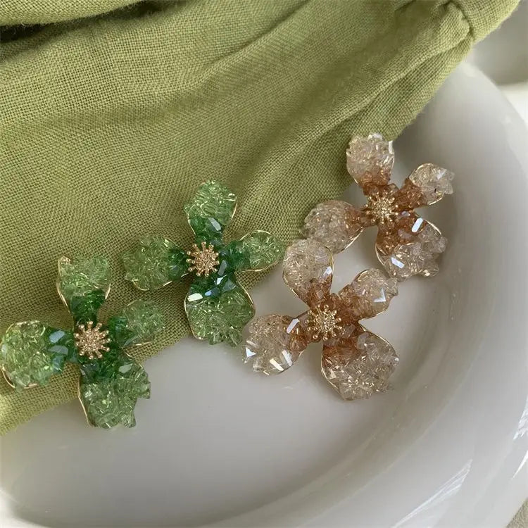 Silver Needle and Diamond Colored Crystal Flower Earrings with Rural Design Earrings Korean High Grade Earrings Female