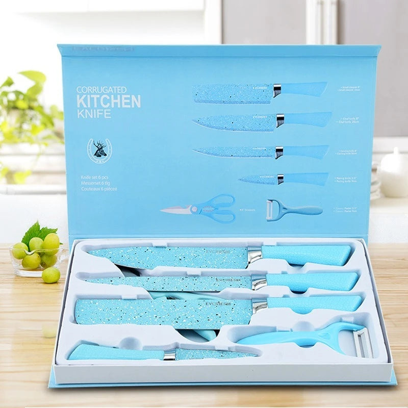 Fashionable Blue Spray Stainless Steel Kitchen Knife Set Six Pieces Business Gift Kitchen Knife Combination Set