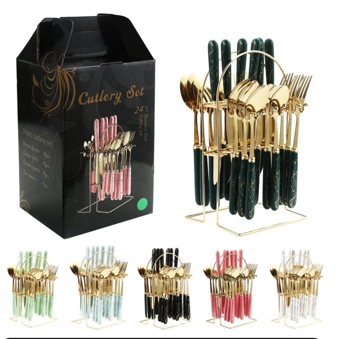 24 Pcs Plastic Handle Stainless Steel Spoon Fork and Knife Silverware Golden Plated Flatware Set Western Cutlery Steak Cutler