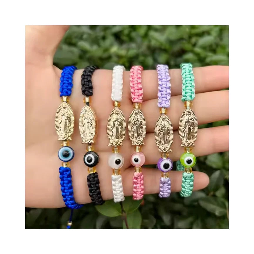 Ins Evil Eye Rope String Braided Gold Plated Adjustable Length Unisex Religious Catholic Our Lady Virgin Mary Charm Bracelet