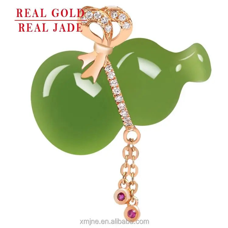 Certified Grade a Natural  Hetian Jade Green Jade Calabash 18K Gold Inlaid With Jade Stone Men's Necklace Women's Pendant