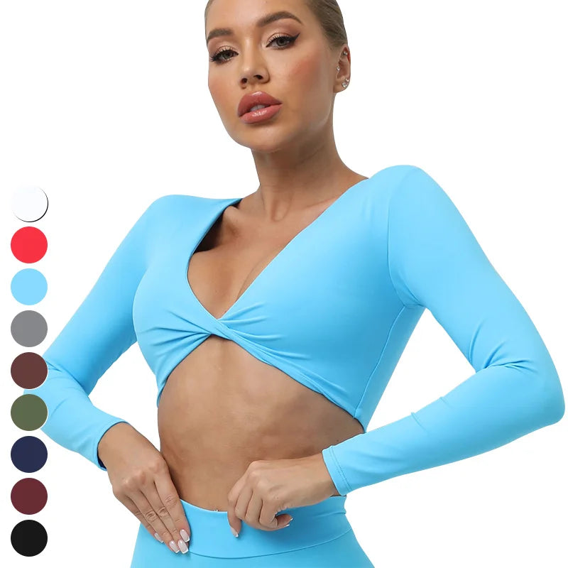 Women's Long Sleeve Sports Tops Yoga Crop Top Custom Logo Workout Wear with Removable Pad Knitted Fitness Clothing