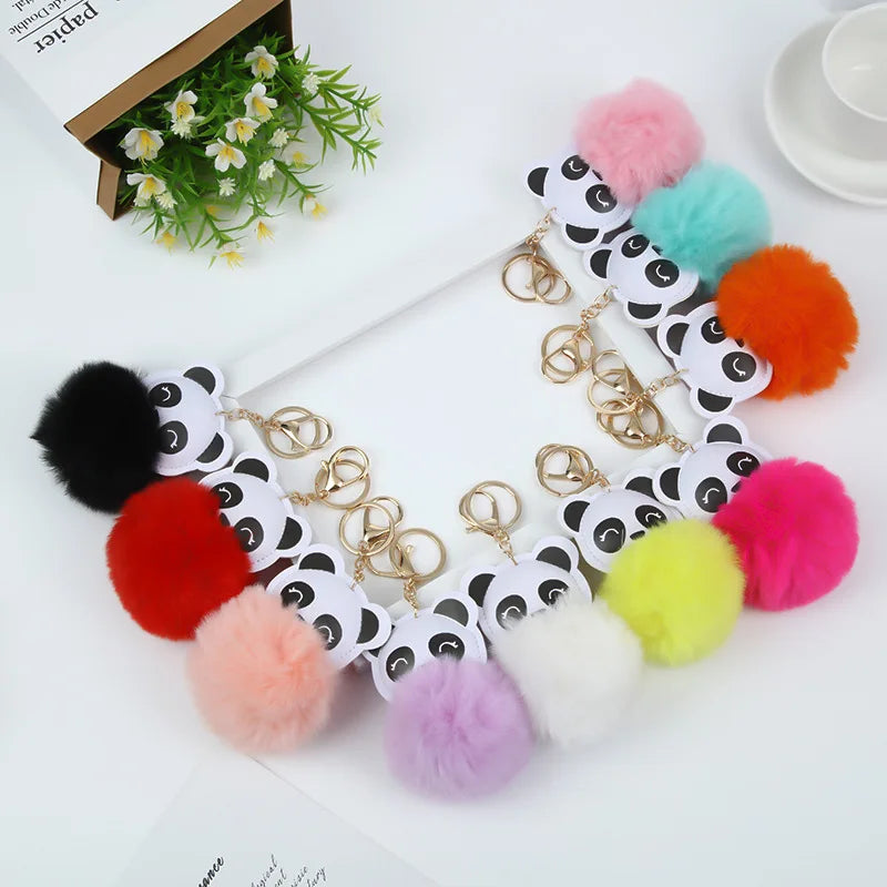 Cute Animal Panda Pom Poms Keychains Fluffy Kawaii Pompoms Faux Rabbit Fur Ball Panda Key Ring Girls Women Bag Charm Accessor
