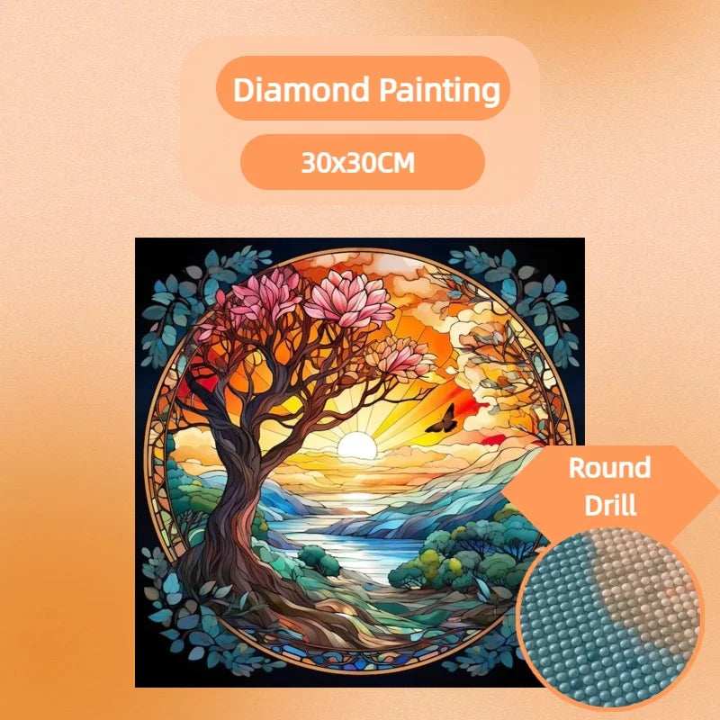 1PC 30x30cm DIY Sunrise Tree Wall Decor Diamond Painting Full Round Beads Modern Diamond Painting Kit for Beginner