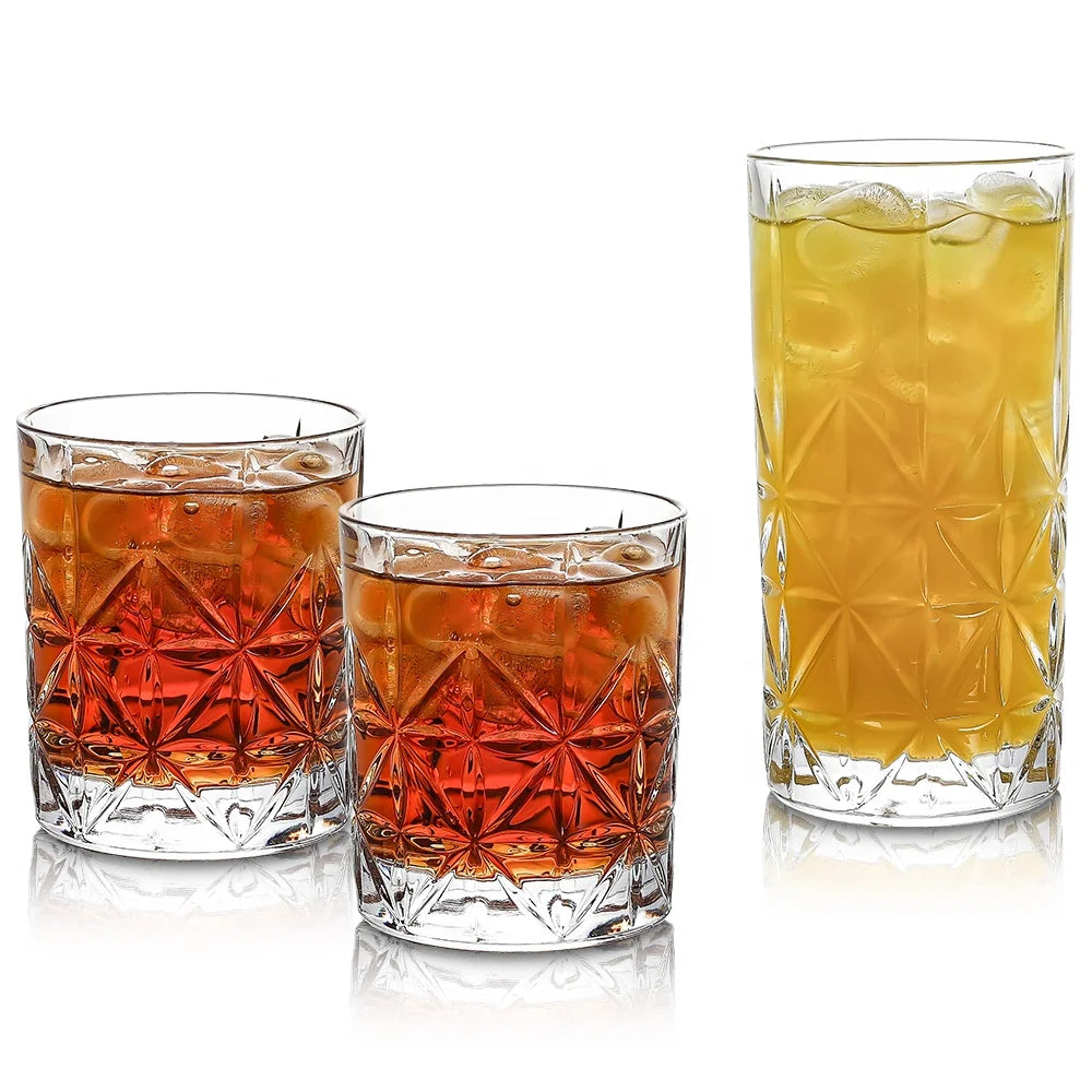 Clear Cross Stripes Whiskey Glasses Bar Rocks Tumbler Embossed Long Drink Highball Glass Cup