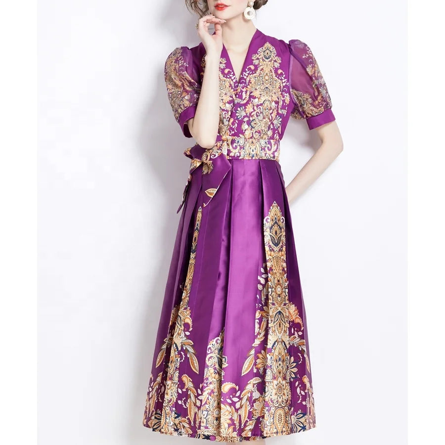 2024 New Fashion Women's Solid O-Neck Bubble Sleeves Luxury Plus Size Floor-Length Vintage A-Line Banquet Dress