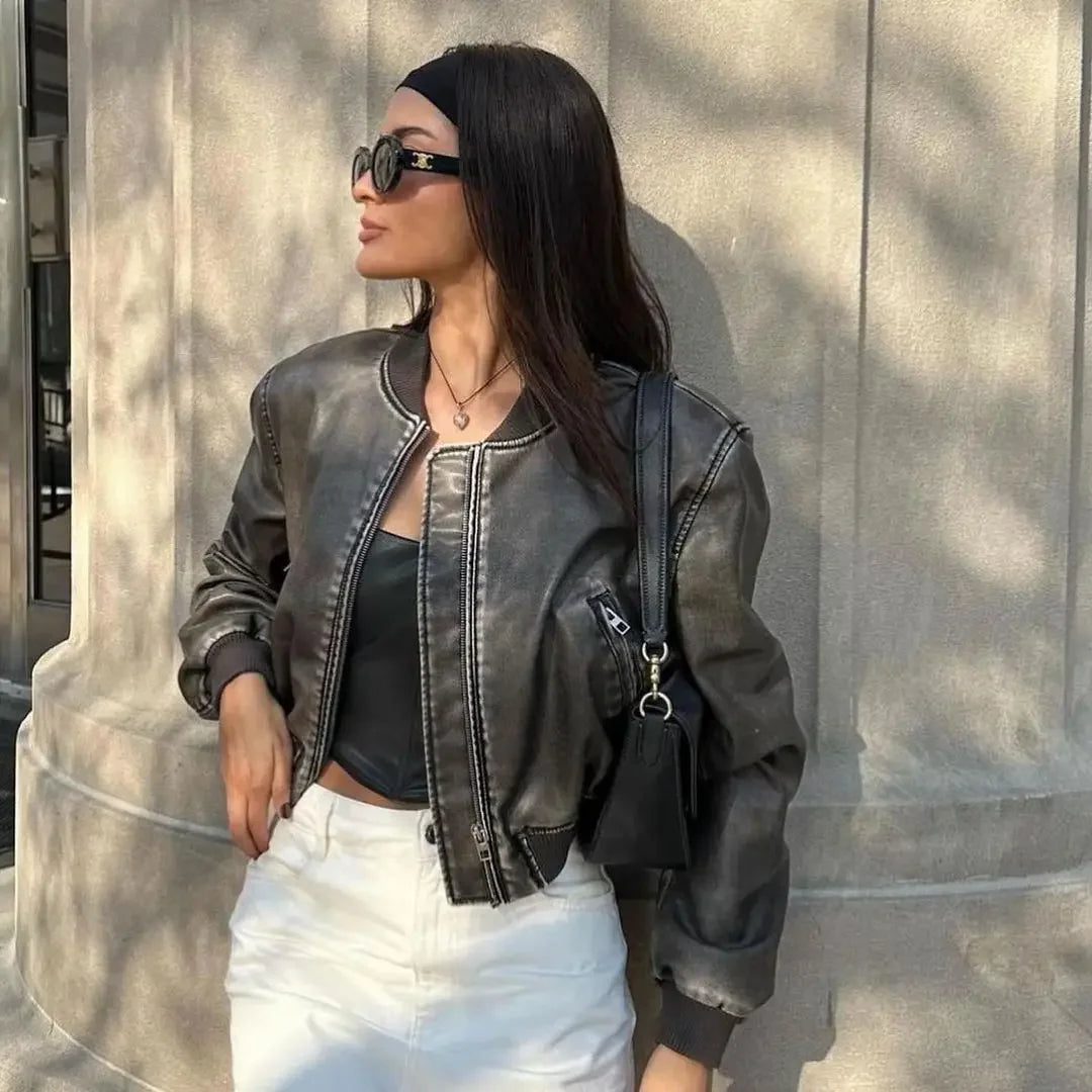 OFTBUY Women's Chic Vintage Locomotive Style Short Jacket Spring Washed Leather Chinchilla Stand Collar Gradient Waterproof