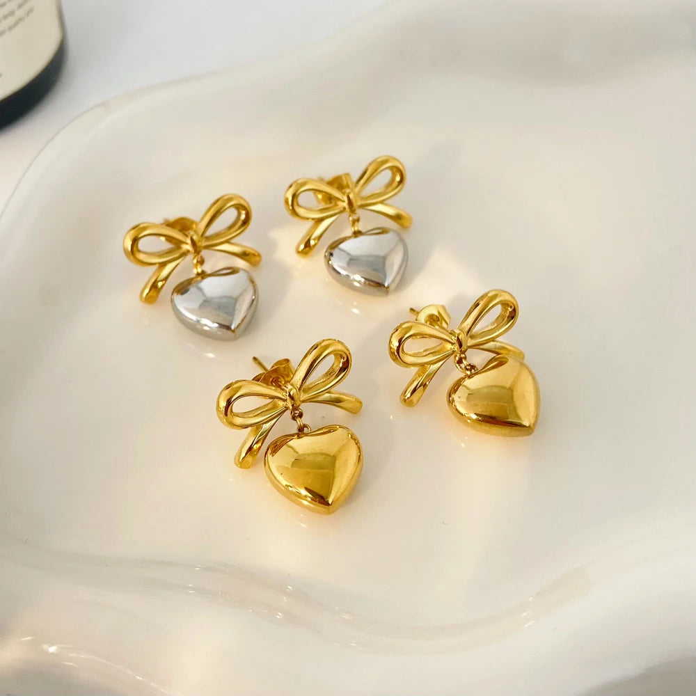 Elegant 18K Gold Stainless Steel Heart Pendant Earrings Fashion Jewelry Titanium Steel Bow Pendant Earrings