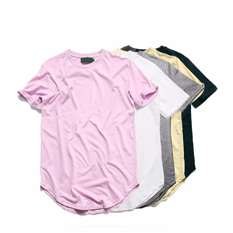 RNSHANGER Summer Men's Solid Breathable Casual Extended Round Sweep T-Shirt Curved Hem Long Line Tops Hip Hop Blank