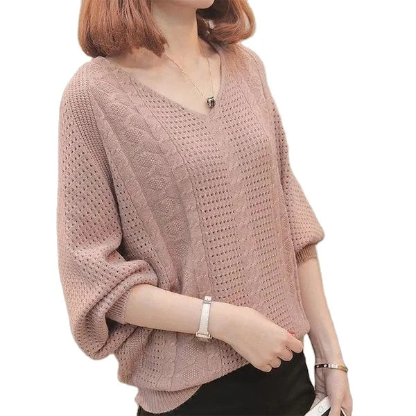 2024 Women's V-Neck Casual Style Pullover Long Loose Thin Hollow Knit Sweater Solid Red Spring Autumn Computer Knitted Appliq