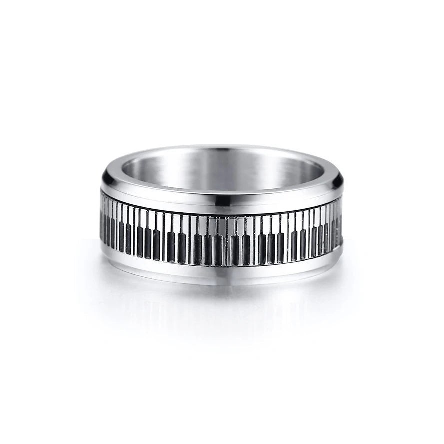 YK Black and White Piano Keys Can Rotate Stainless Steel Ring Steel Black Artistic Temperament for Men Fashion Jewelry Rings