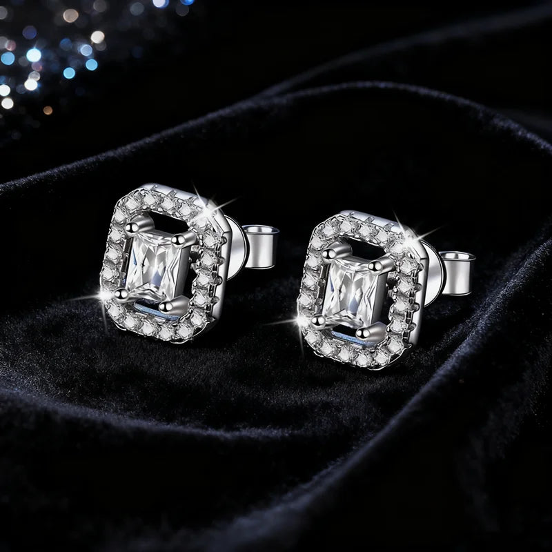 S925 Sterling Silver Rhodium Plated Inlay Full Diamond Radiant Cut D Colour Moissanite Earrings for Women