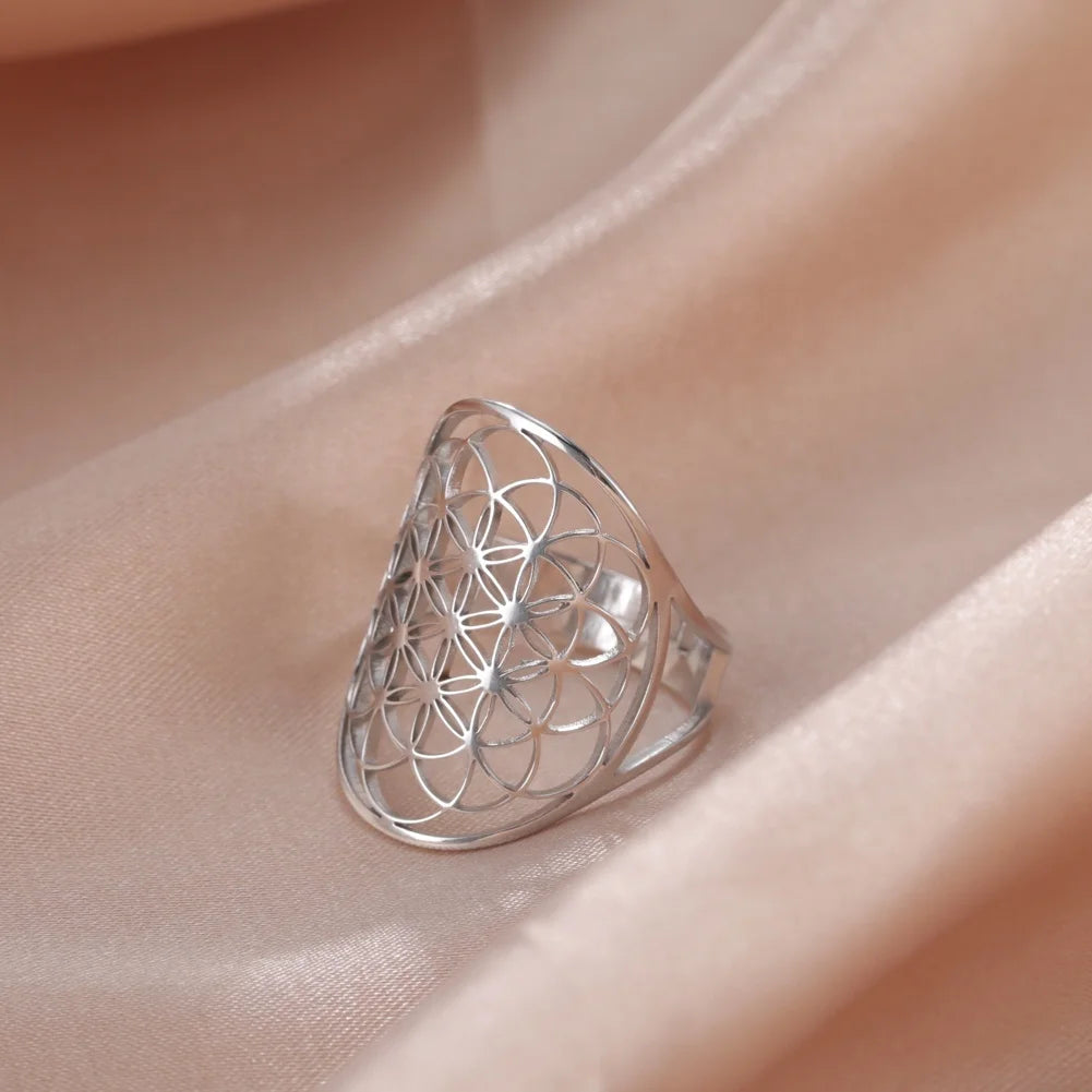 Viking Flower Stainless Steel Rings Oval Geometric Adjustable Ring for Women Men Vintage Jewelry Couple Gift