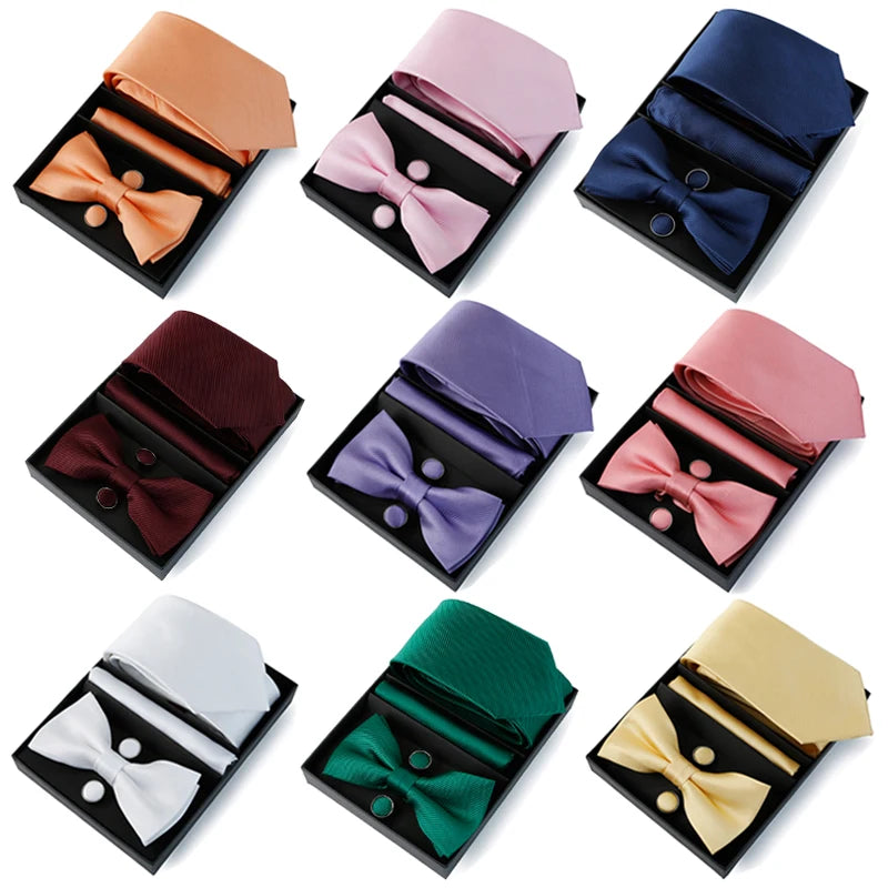 Shengzhou Manufacture Men's Necktie Bowtie Set Gift Box and Pocket Square Cufflinks for Wedding Striped Tie Business Cravat S