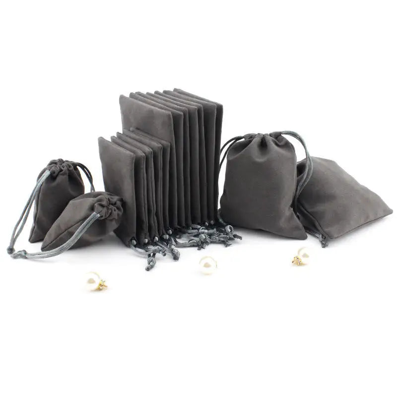 Dark Grey LOGO Printed Custom Velvet Gift Bags Packaging Pouch Small Cloth Bag Drawstring Velvet Bag for Jewelry