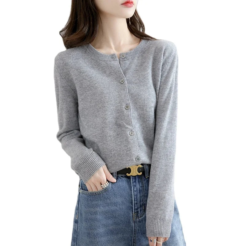 2024 Spring Elegant Women's Single-Basted Wool Sweater Round Neck Cardigan Solid Color Knit Jacket Blouse Korean Style