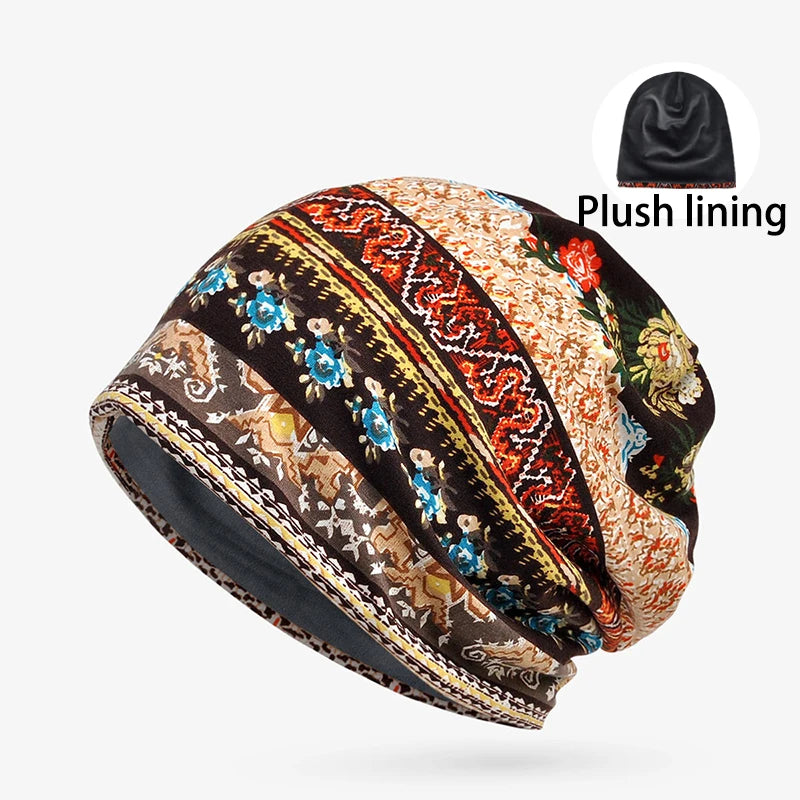 Winter Warm Boho Camo Unisex Climbing Cycling Windproof Baggy Slouchy Paisley Bandanna Cotton Chunky Beanie Hat Skull Cap