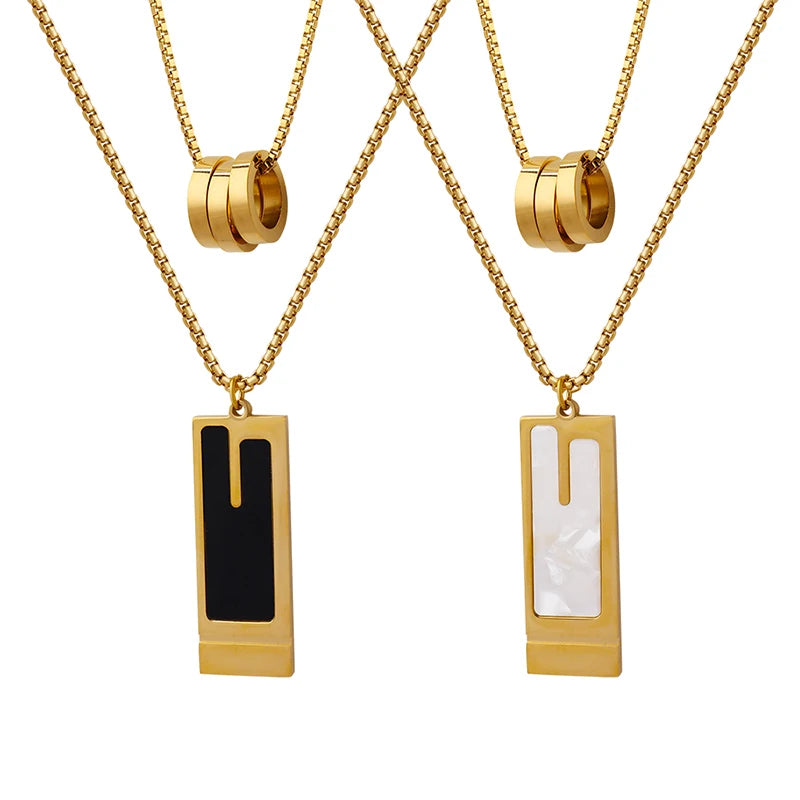 Trendy Double Layer Three Ring Fashion Pendant Gold Plated Stainless Steel Brand Necklace Set
