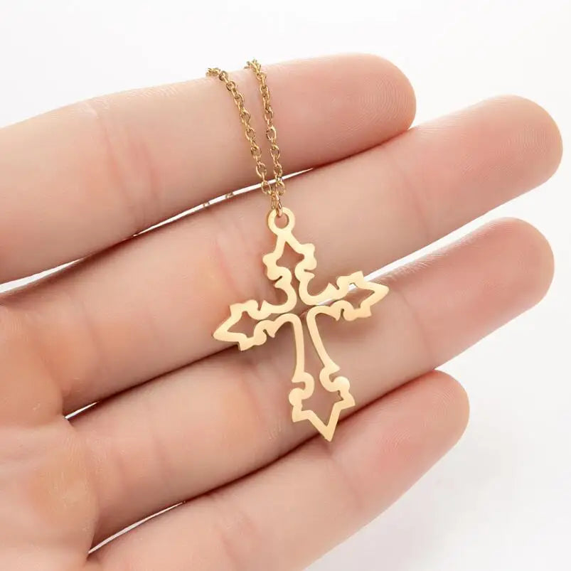 Original Design Religious Faith Jewelry Fashion High Polished 18K Gold Plated Stainless Steel Hollow Cross Necklace for Women