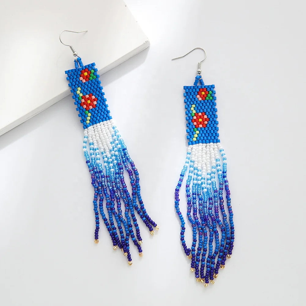 2024 Ultra Long Fringe Glass Bead Huggie Earrings Multi-Color Pink Flower Jewelry for Women Bohemian for Punk Religious Look