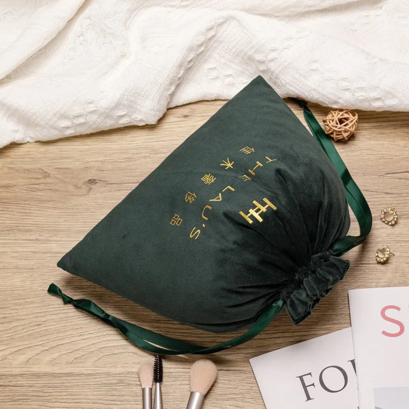 Custom Logo Printed Velvet Drawstring  Cosmetic Pouch Blue Soft Velvet Gift Packaging Dust Bag