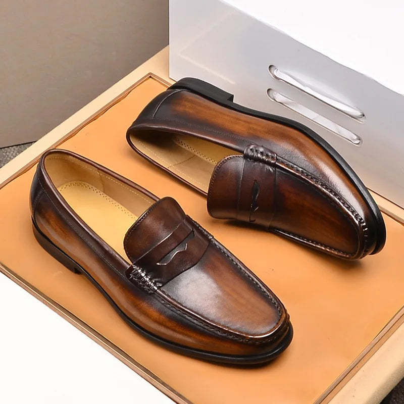Big Size Men's Formal Oxford Dress Shoes Soft LightWeight Slip-On Loafers Genuine Leather Vintage
