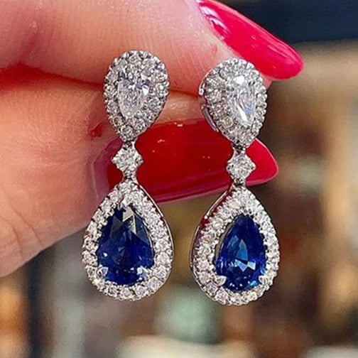 CAOSHI Fashion Luxury Silver Plating Cubic Zirconia Earrings for Women Wedding Blue Color Crystal Pear Design Drop Earrings O