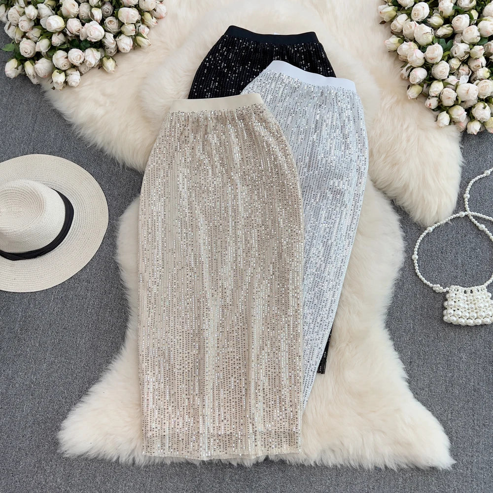 Summer Solid Sequined Pencil Skirt Women Casual High Waist Midi Skirts for Girls Retro Skirt Clothes Women Wholesale