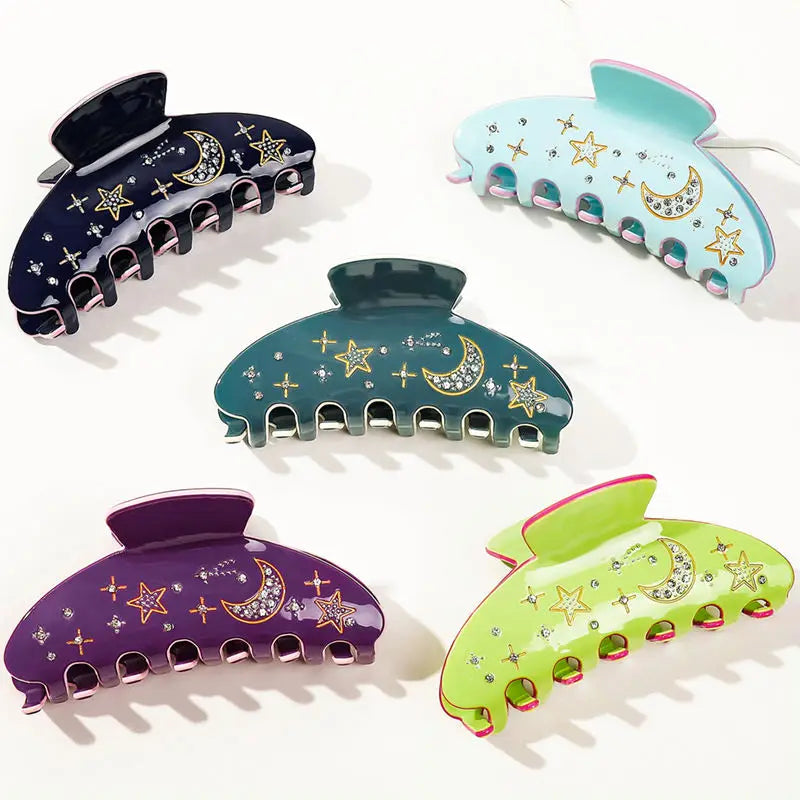 Pvc Moon Stars Rhinestone Geometry Shark Clip 10cm Starry Sky Diamond Semicircle Hairpins Large Solid Color Girls Hair Claw C