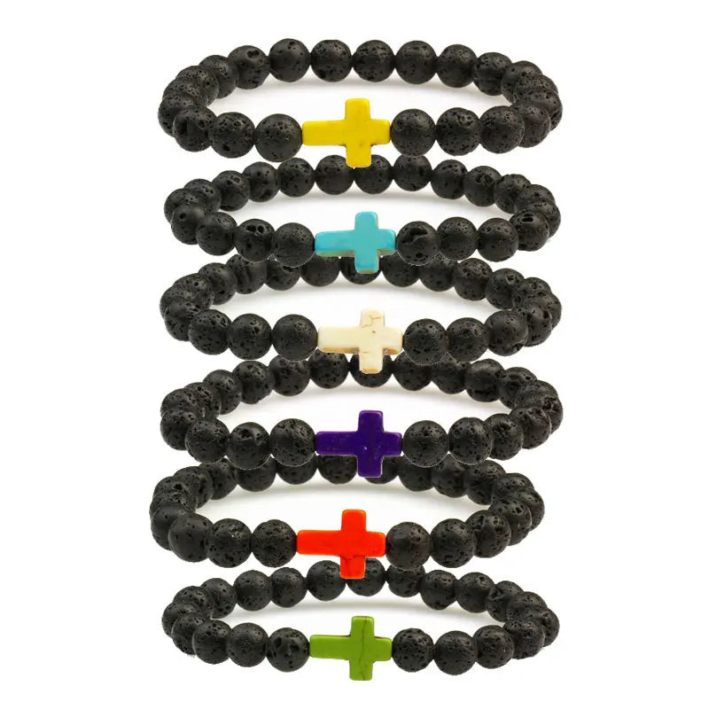 Hot Sale Lava Stone Christian Jewelry Colorful Turquoise Cross Charm 8mm Natural Lava Stone Bracelet