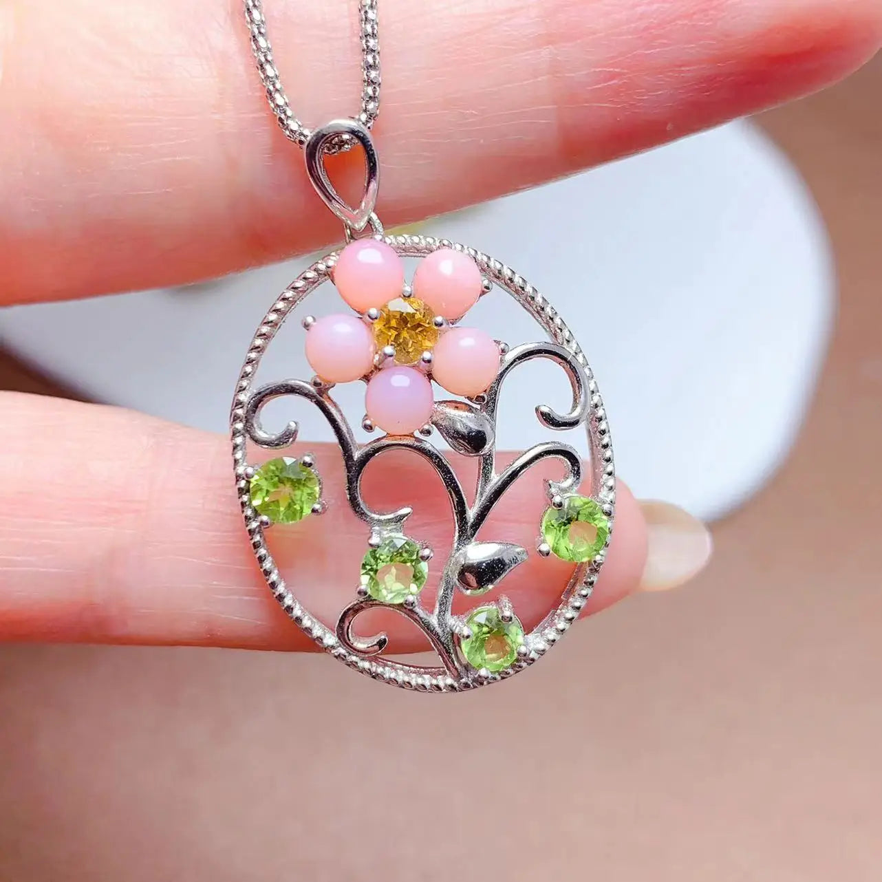 Factory Supply Birth Year 925 Sterling Silver Natural Pink Opal and Peridot Bead County Pendant Necklace