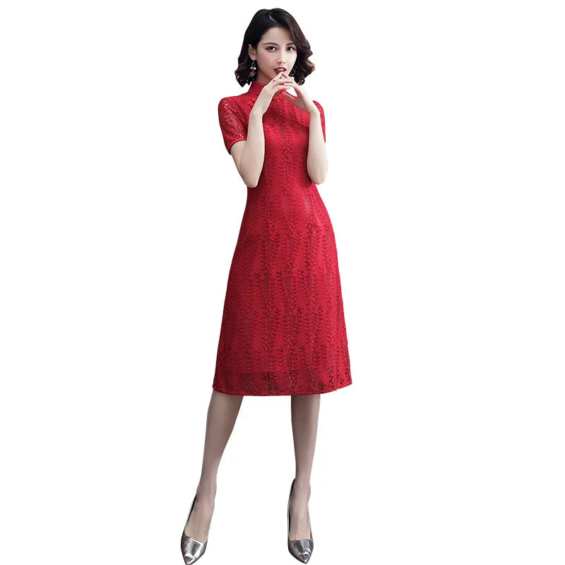 Refreshing Fashionable Chinese Style Improved Slimming Cheongsam Women Red Pink Yellow Color Girl Lace Dress Qipao