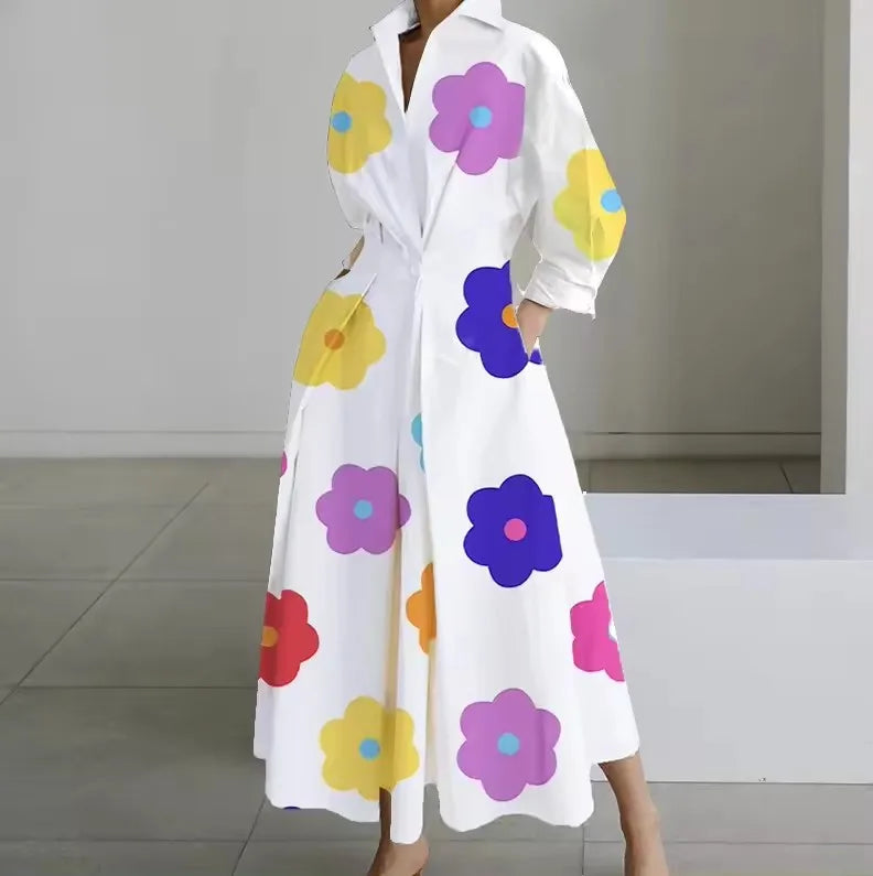 S-2XL Long Sleeve Dot Print Elegant Maxi Dresses for Women _ White Casual V Neck Shirt Party Long Dress Robe Femme
