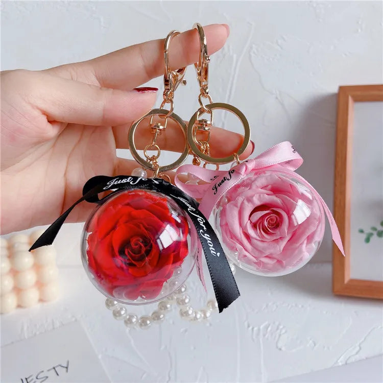 Valentine's Day Gifts Flower Keyring Eternal Flower Keychain Women Bag Pendant Crystal Ball Keychain Dried Flower Rose Key Ch