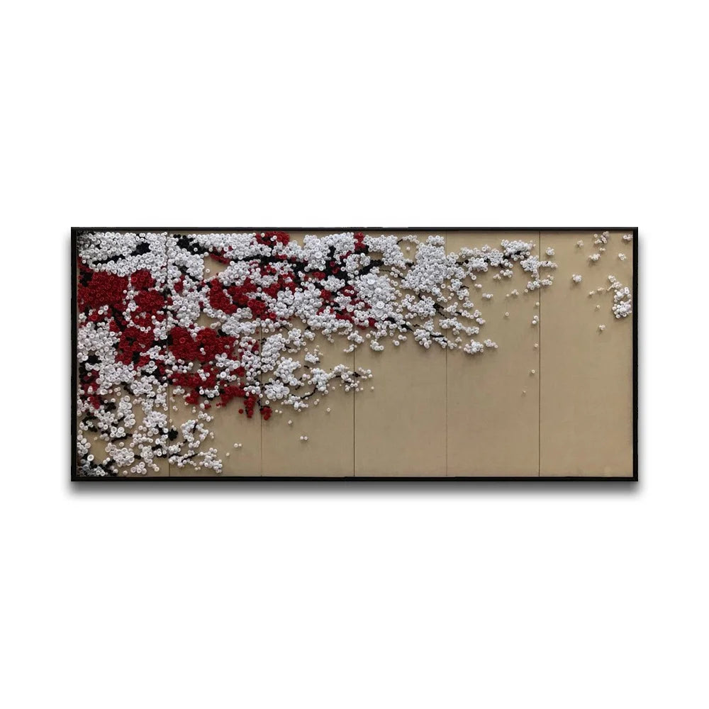 Button Red and White Plum Blossom Abstract Landscape Rectangle Shape Contemporary 3D Black Metal Framed Wall Art