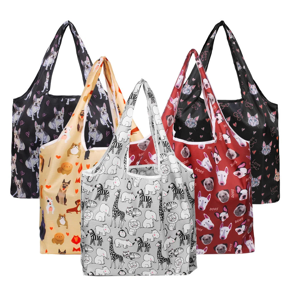 Foldable Reusable Customized Color Logo Polyester Shopping Bags Drawstring Zipper Closure Gravure Printed Cartoon Fashion