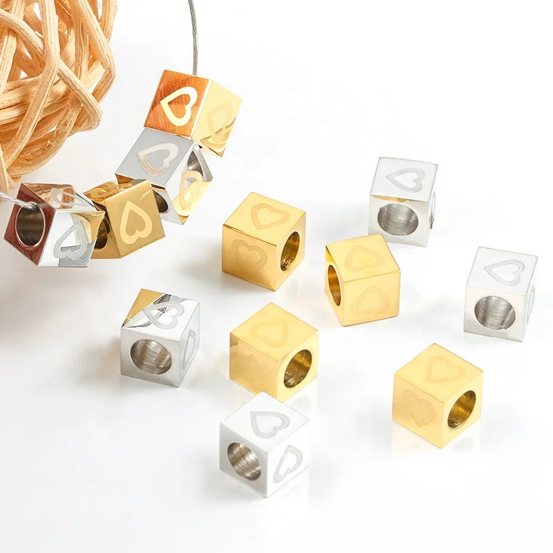 Super Popular Stainless Steel Laser Heart Style Square Shape Spacer Beads for Men & Women DIY Jewelry Accessories & Findings