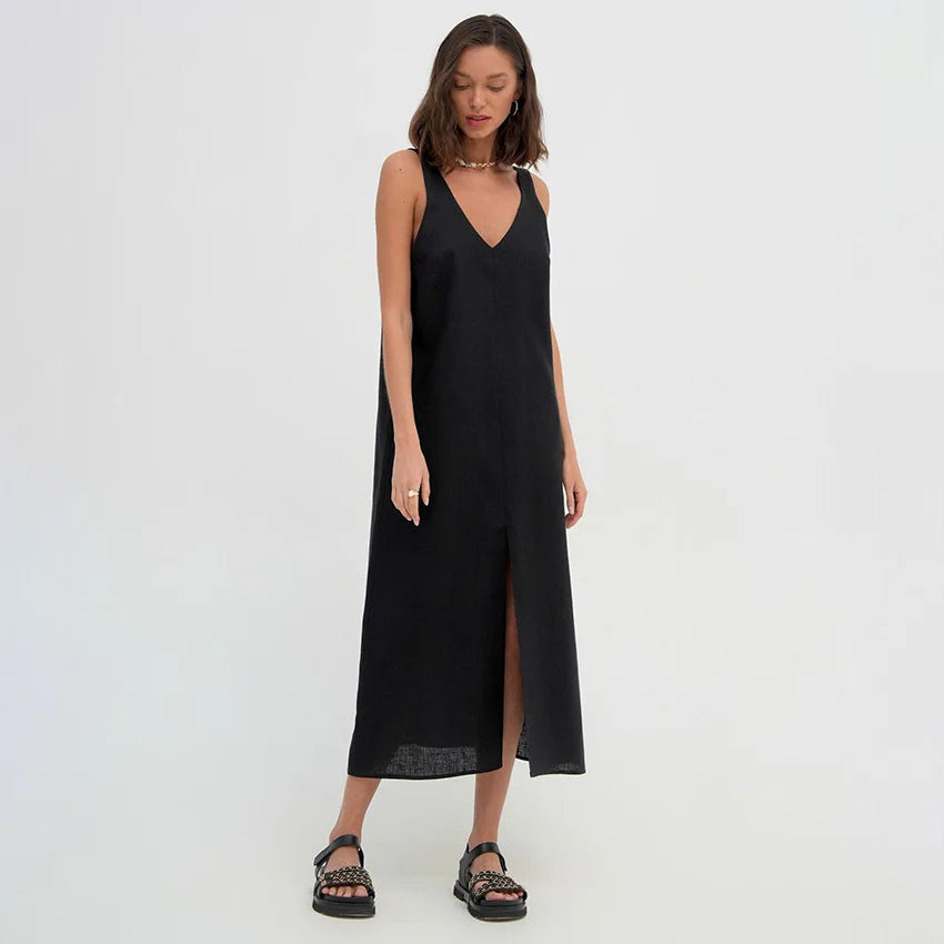 Women Casual V Neck Open Back Split Sleeveless Dress