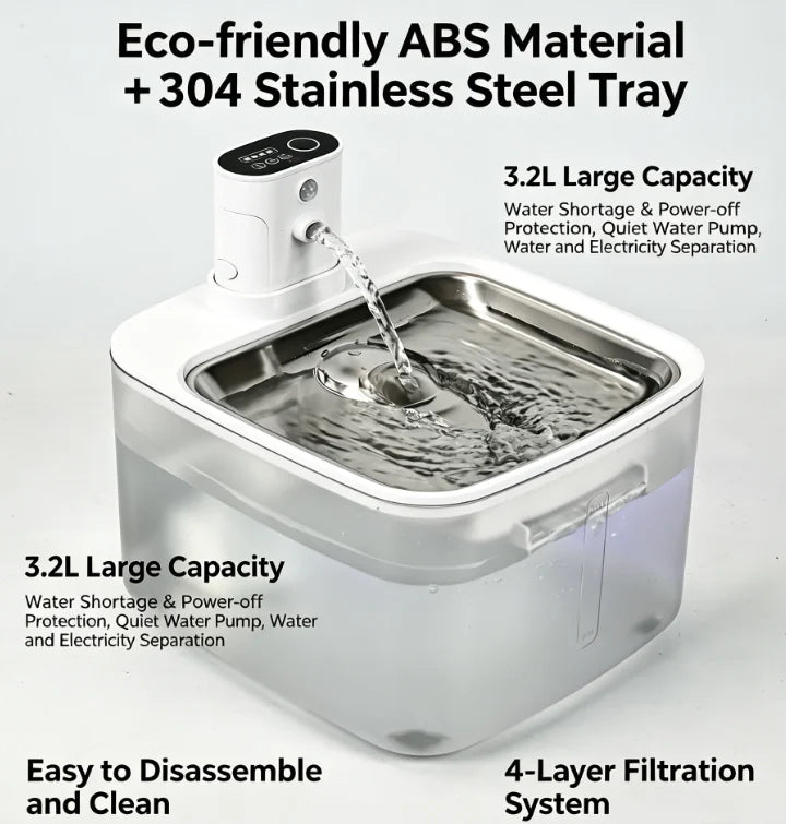 3.2L Smart Pet Fountain Wireless Battery Automatic Cat Water Fountain Stainless Steel Top Dog Water Dispenser for Multiple Pe
