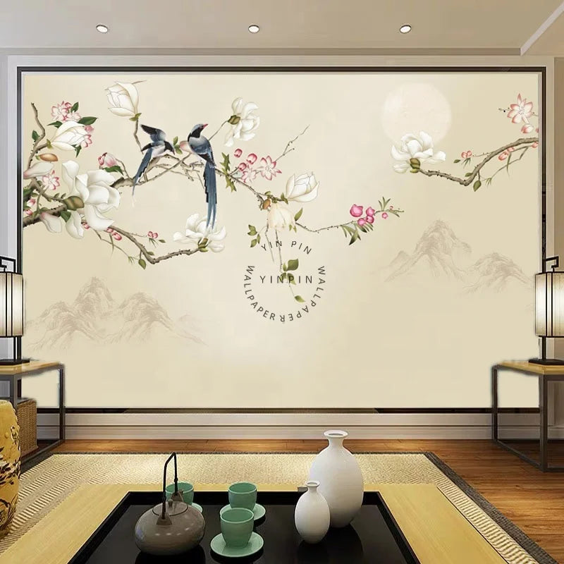 New Chinese Flowers and Birds 3D Silk Waterproof Anti-Static Modern Wallpaper Sticker for Living Room