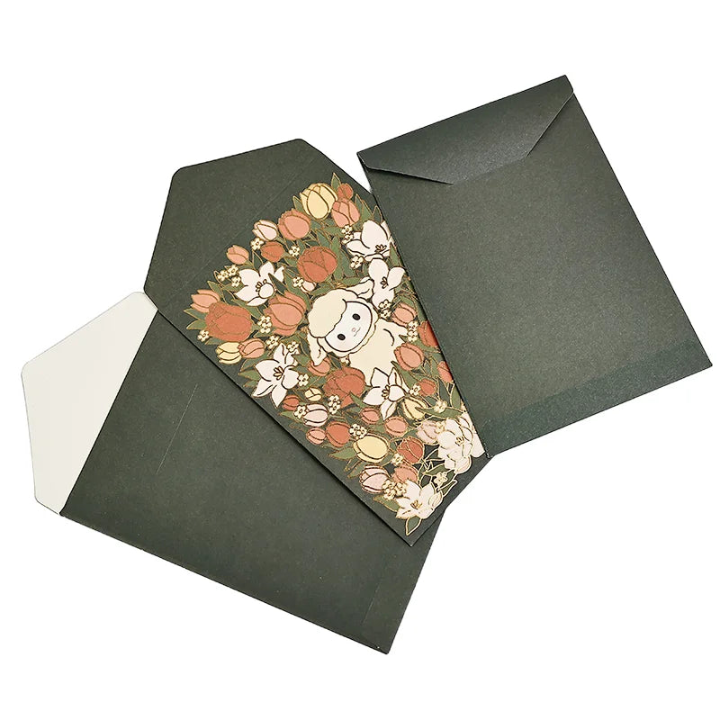 Custom Cartoon Printing Greeting Wedding Cards Gold Plated Flower Envelope Set Romantic DIY Message Blessing Envelope Paper