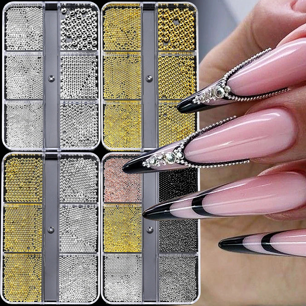 6 Grids Mini Caviar Nail Beads 0.8-3mm Silver Stainless Beads Jewelry Metal Tiny Balls DIY Charm Accessories Manicure Decorat