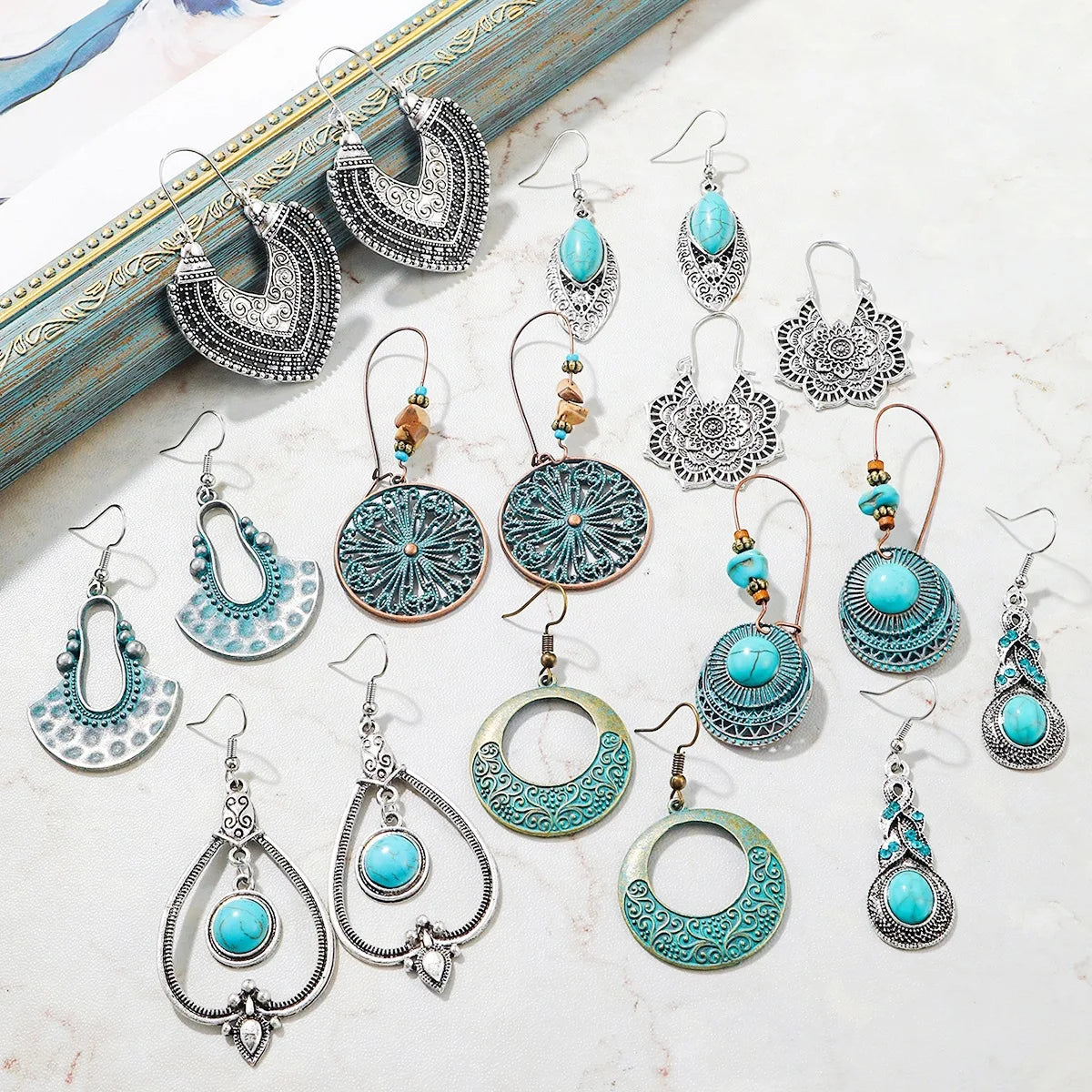 Zooying Ethnic Style Earrings Retro European and American Turquoise Bohemian Earring Set