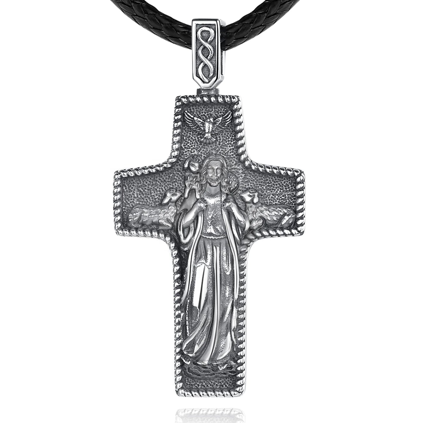 High Quality Embossed Design 925 Sterling Silver Mens Jewelry Good Shepherd Christian Jesus Cross Pendant Necklace