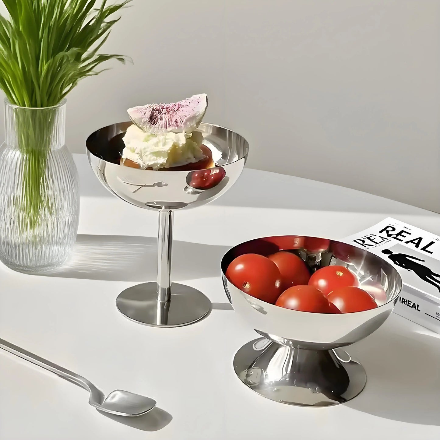 High End Stainless Steel Goblet Ice Cream Cups Sundae Bowls Led Glasses Dessert Blow Stainless Steel Modern for Birthday Part