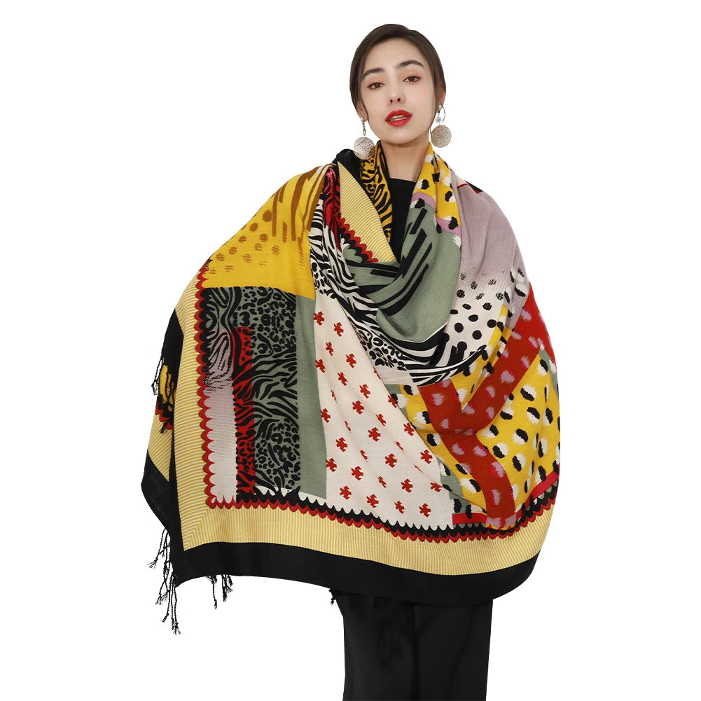 Luxury Geometric Design Merino Wool Fleece Oversized Scarf Shawl Wrap for Women Winter Floral Blanket