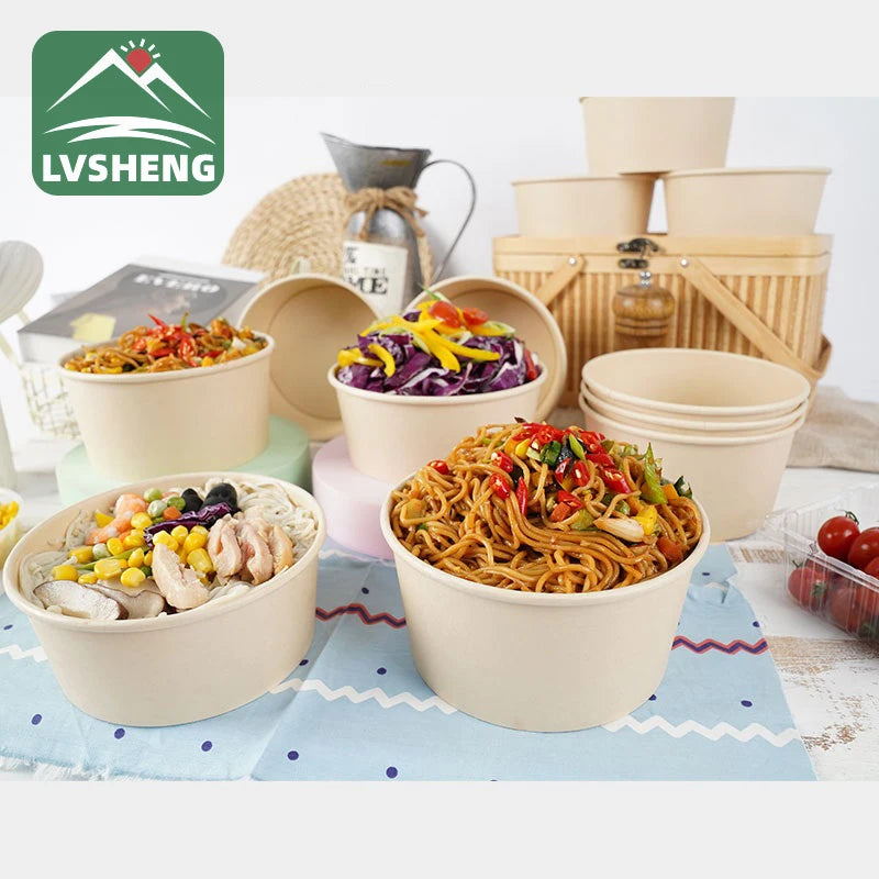 PLA  Bamboo Pulp Paper Salad Bowl Biodegradable Custom Printed Paper Salad Bowl With Clear Lid