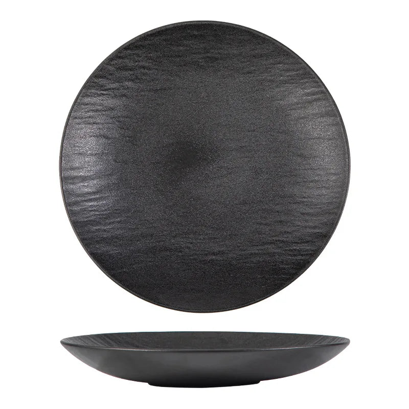 European Style 8 Inch Restaurant Steak Pasta Plates Ceramic Black White Round Serving Stone Pattern Matte Dinner Plates